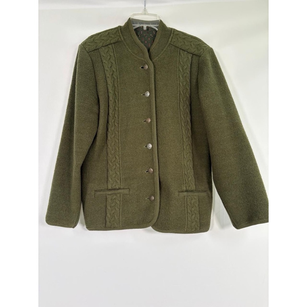 VTG Women's Austrian Boiled Wool Jacket Cardigan Blazer Olive Green Preppy Sz L